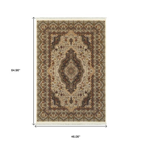 Homeroots 4' Elegant Ivory Medallion Area Rug With Fringe - Stain Resistant, Perfect For Any Home Decor 4' X 5' Polypropylene 574470