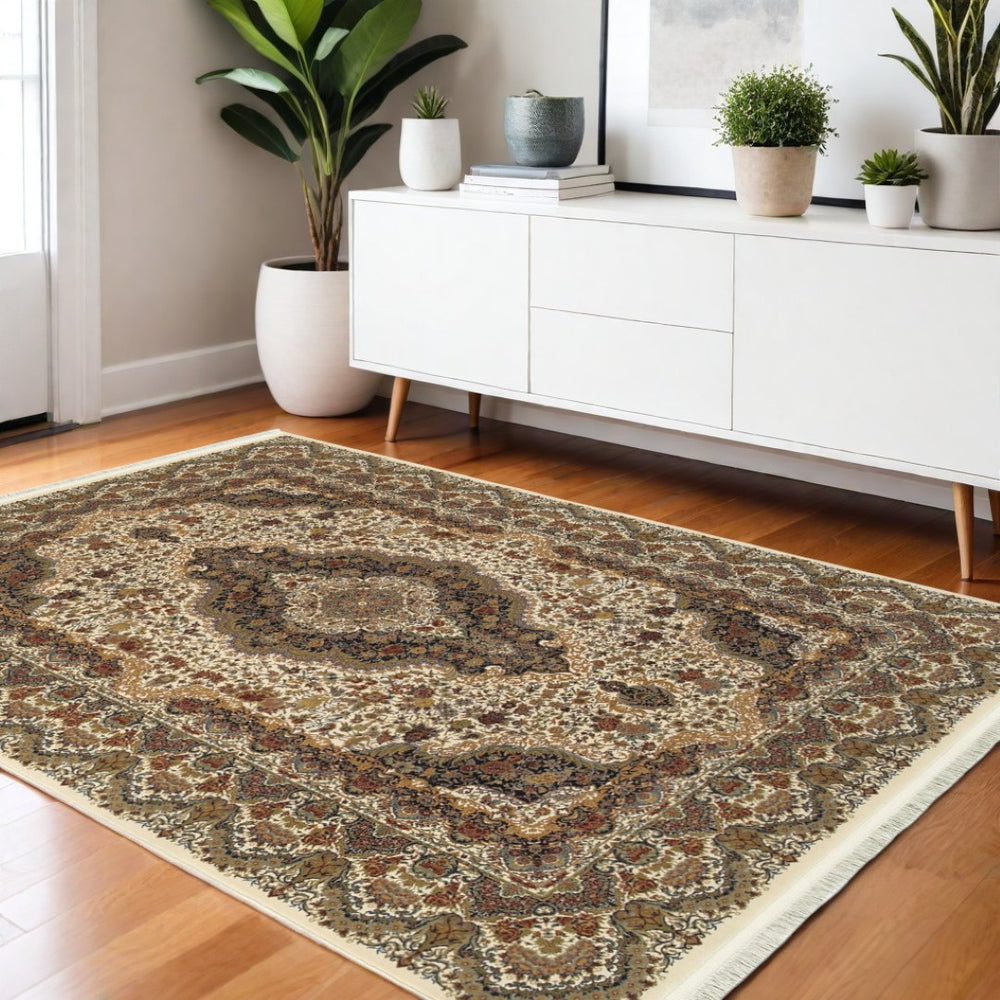 HomeRoots 4' Ivory Medallion Area Rug with Fringe – Timeless Style, Stain-Resistant, Perfect for High-Traffic Areas 4' X 5' 574470