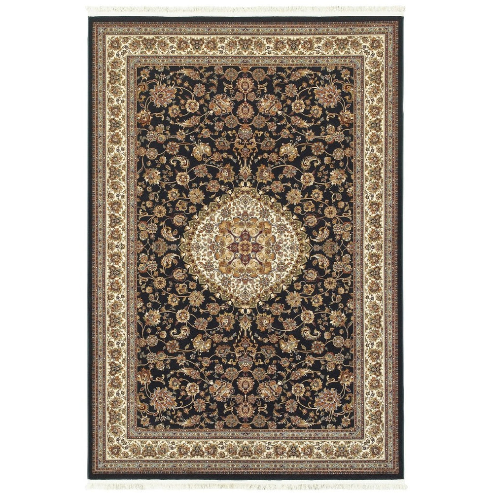 HomeRoots 4' Elegant Tan, Black, and Ivory Medallion Area Rug with Fringed Edges for Timeless Style 4' X 5' 574475