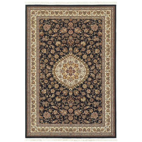 HomeRoots 4' Elegant Tan, Black, and Ivory Medallion Area Rug with Fringed Edges for Timeless Style 4' X 5' 574475