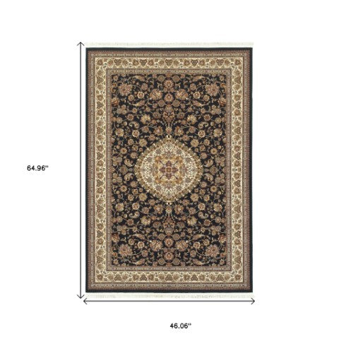 Homeroots 4' Dark Blue Medallion Area Rug With Fringe – Stain Resistant, Stylish Design For Any Room 4' X 5' Polypropylene 574475