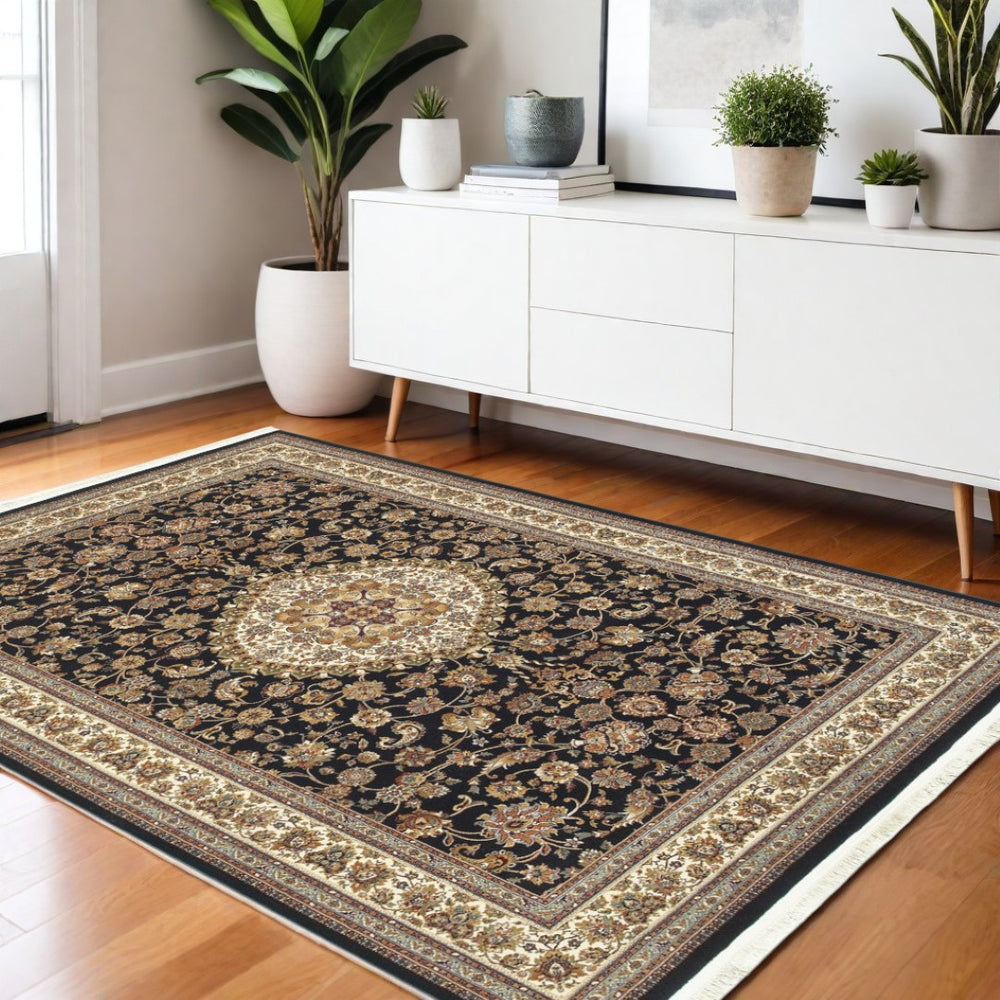 HomeRoots 4' Elegant Tan, Black, and Ivory Medallion Area Rug with Fringed Edges for Timeless Style 4' X 5' 574475
