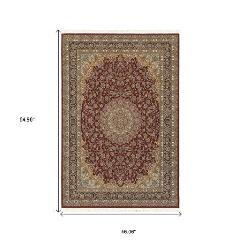 Homeroots 4' Stunning Red Medallion Area Rug With Fringe – Stain Resistant, Perfect For Kids And Pets! 4' X 5' Polypropylene 574480