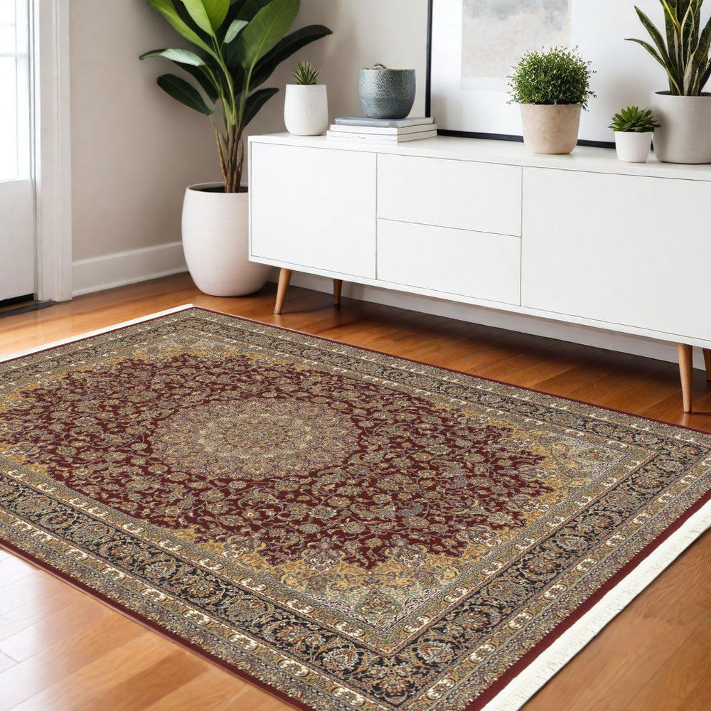 Homeroots 4' Stunning Red Medallion Area Rug With Fringe – Stain Resistant, Perfect For Kids And Pets! 4' X 5' Polypropylene 574480