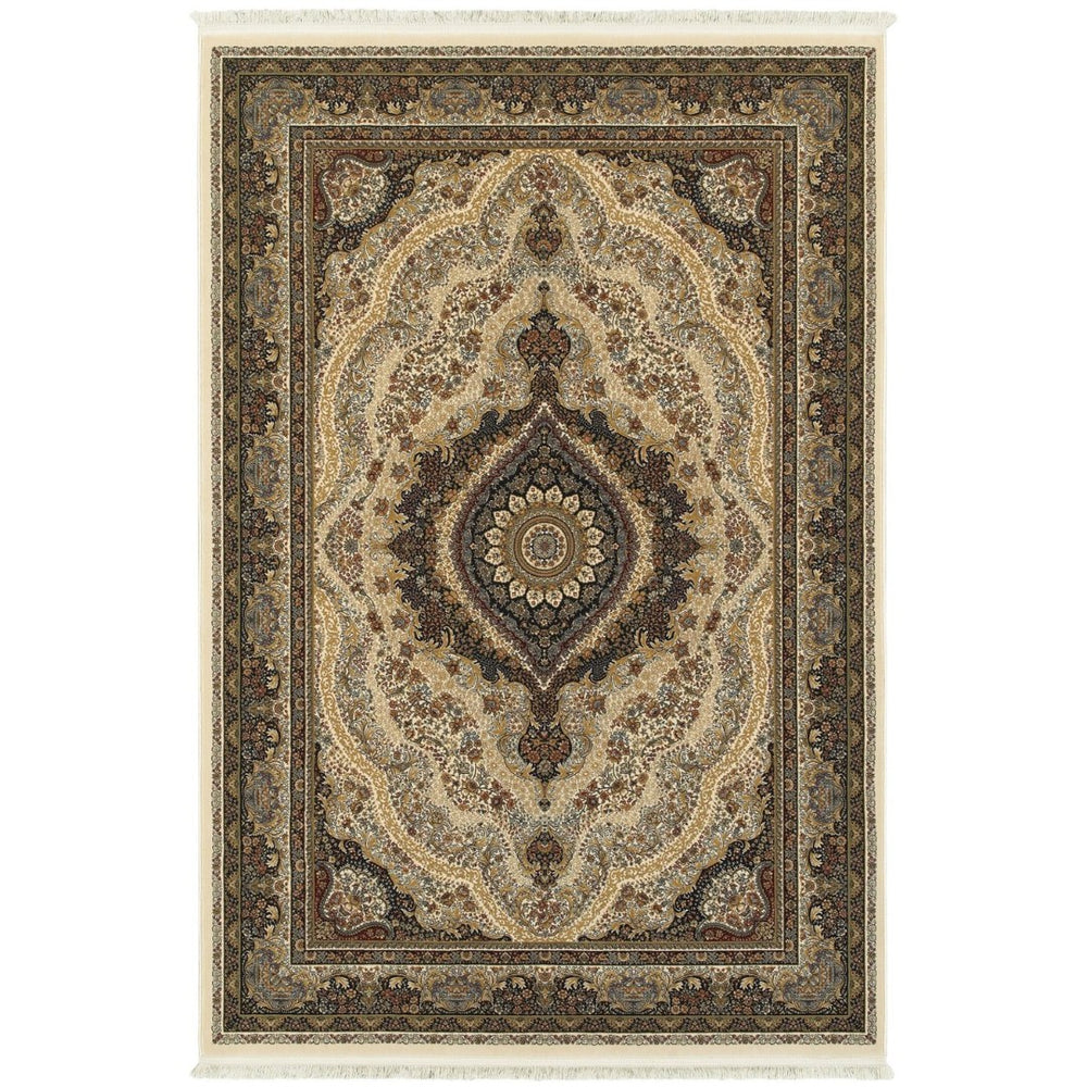 HomeRoots 4' Elegant Ivory Black and Tan Medallion Area Rug with Fringe – Durable, Stylish, and Versatile Design 4' X 5' 574485
