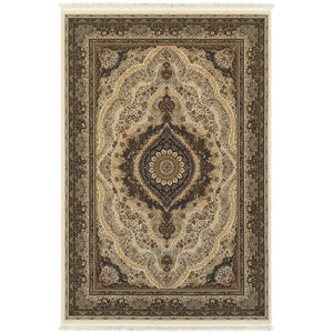 HomeRoots 4' Elegant Ivory Black and Tan Medallion Area Rug with Fringe – Durable, Stylish, and Versatile Design 4' X 5' 574485