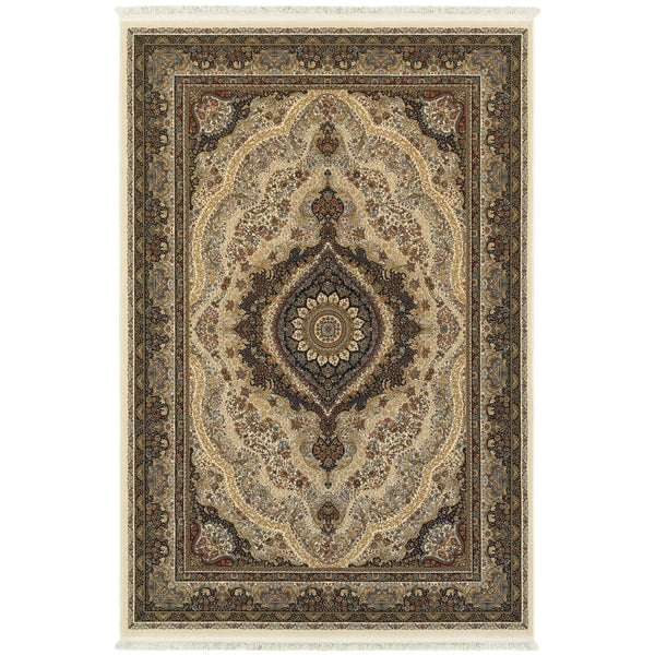 HomeRoots 4' Elegant Ivory Black and Tan Medallion Area Rug with Fringe – Durable, Stylish, and Versatile Design 4' X 5' 574485