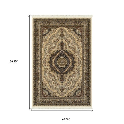 Homeroots 4' X 6' Ivory Medallion Area Rug With Fringe – Stylish, Stain-resistant Design For Any Decor! 4' X 5' Polypropylene 574485
