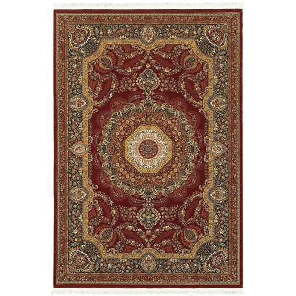 HomeRoots 4' Elegant Medallion Area Rug in Black, Red, and Tan - Stain-Resistant, Durable, Timeless Design 4' X 5' 574490