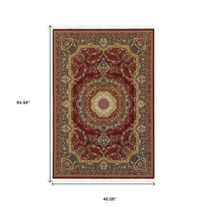 Homeroots 4' Stylish Medallion Area Rug In Red, Black, And Tan - Soft, Stain-resistant With Timeless Fringe 4' X 5' Polypropylene 574490