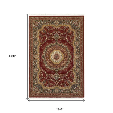 Homeroots 4' Stylish Medallion Area Rug In Red, Black, And Tan - Soft, Stain-resistant With Timeless Fringe 4' X 5' Polypropylene 574490