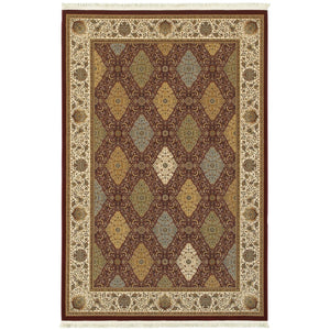 HomeRoots 4' Elegant Red Tan and Ivory Oriental Area Rug with Fringe - Timeless Design for Any Space 4' X 5' 574495