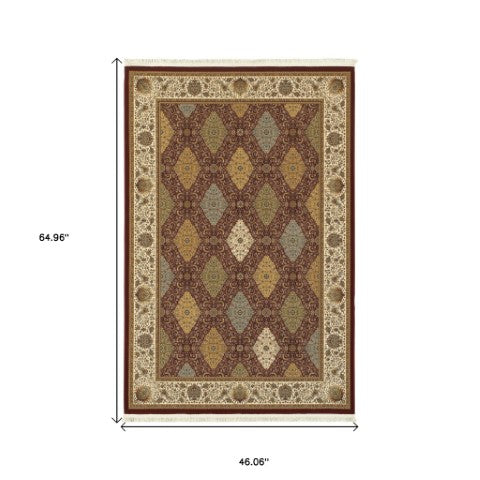 Homeroots 4' Artful Red Oriental Area Rug With Fringed Ends - Stain Resistant, Perfect For Kids And Pets! 4' X 5' Polypropylene 574495