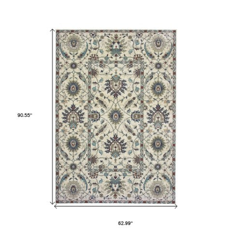 Homeroots 5' Ivory Oriental Area Rug With Navy Blue And Brown Accents – Stain Resistant For Stylish Homes 5' X 8' Polypropylene 574498