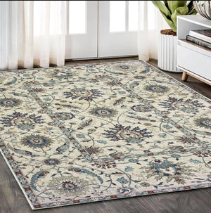 Homeroots 5' Ivory Oriental Area Rug With Navy Blue And Brown Accents – Stain Resistant For Stylish Homes 5' X 8' Polypropylene 574498
