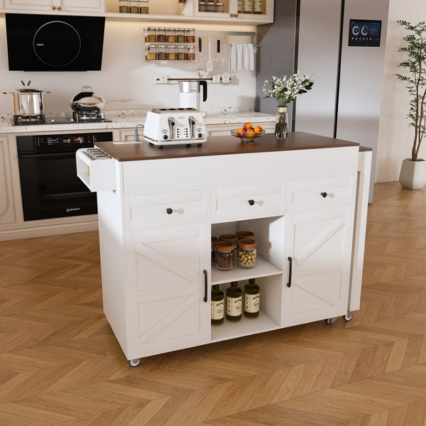 English Elm 74.8" Rolling Kitchen Island Extendable Marble Veneer Top with Power Outlet and Storage W2700S00105