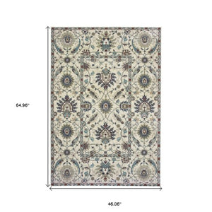 Homeroots 5' Ivory Oriental Area Rug With Navy Blue And Brown Accents – Stain Resistant For Stylish Homes 4' X 5' Polypropylene 574500