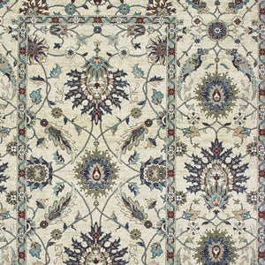 Homeroots 5' Ivory Oriental Area Rug With Navy Blue And Brown Accents – Stain Resistant For Stylish Homes 4' X 5' Polypropylene 574500