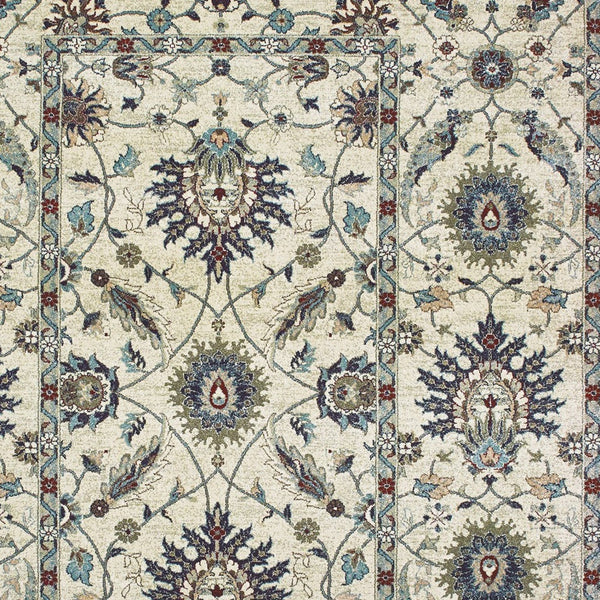 Homeroots 5' Ivory Oriental Area Rug With Navy Blue And Brown Accents – Stain Resistant For Stylish Homes 4' X 5' Polypropylene 574500