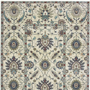 Homeroots 5' Ivory Oriental Area Rug With Navy Blue And Brown Accents – Stain Resistant For Stylish Homes 4' X 5' Polypropylene 574500