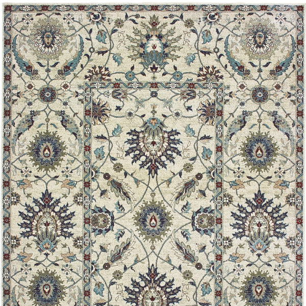 Homeroots 5' Ivory Oriental Area Rug With Navy Blue And Brown Accents – Stain Resistant For Stylish Homes 4' X 5' Polypropylene 574500
