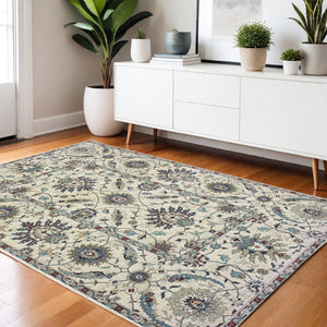 Homeroots 5' Ivory Oriental Area Rug With Navy Blue And Brown Accents – Stain Resistant For Stylish Homes 4' X 5' Polypropylene 574500