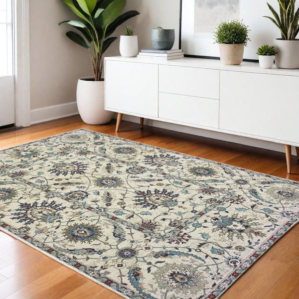 Homeroots 5' Ivory Oriental Area Rug With Navy Blue And Brown Accents – Stain Resistant For Stylish Homes 4' X 5' Polypropylene 574500