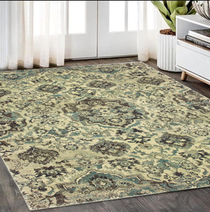 Homeroots 5' Ivory Oriental Area Rug - Elegant Design, Stain Resistant, Perfect For Living Rooms & Kids' Spaces 5' X 8' Polypropylene 574518