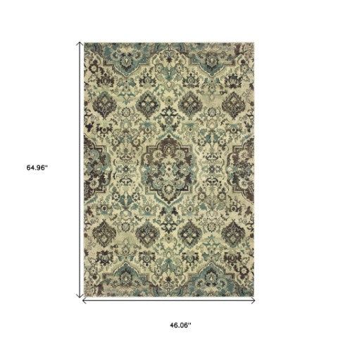 Homeroots 5' Ivory Oriental Area Rug - Elegant Design, Stain Resistant, Perfect For Living Rooms & Kids' Spaces 4' X 5' Polypropylene 574520