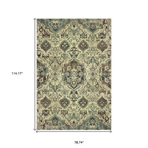 Homeroots 5' Ivory Oriental Area Rug - Elegant Design, Stain Resistant, Perfect For Living Rooms & Kids' Spaces 7' X 10' Polypropylene 574521