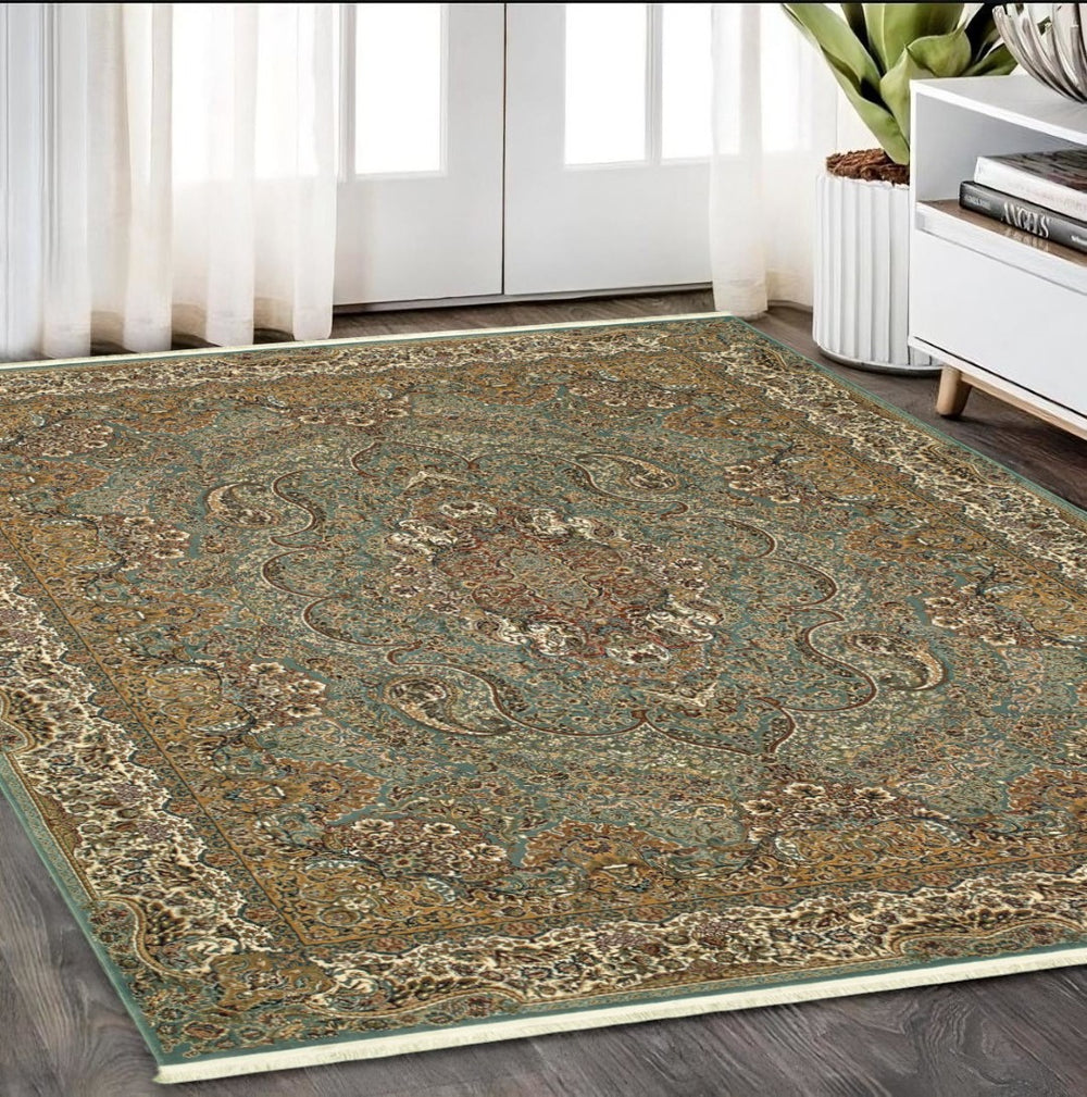 HomeRoots 5' Blue and Gold Medallion Area Rug with Fringe - Timeless Design, Stain-Resistant, Durable Style 5' X 8' 574523