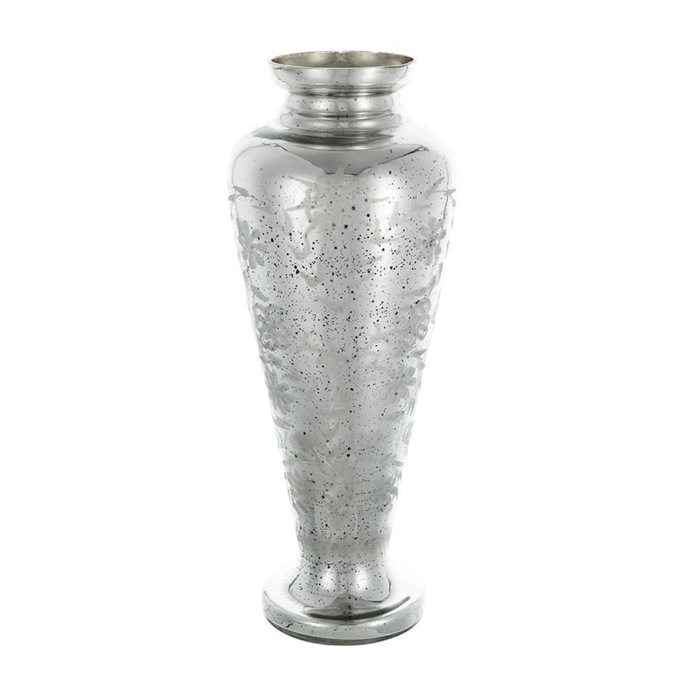 HomeRoots 20" Silver Floral Round Glass Table Vase - Elegant Home Decor for Fresh or Dried Flowers, Gift-Ready! 574525