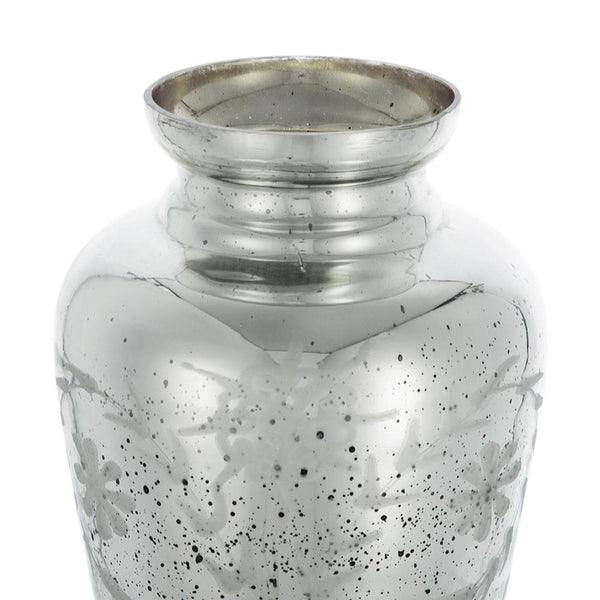 HomeRoots 20" Silver Floral Round Glass Table Vase - Elegant Home Decor for Fresh or Dried Flowers, Gift-Ready! 574525