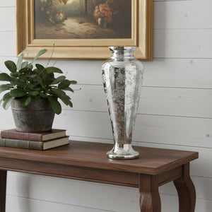 HomeRoots 20" Silver Floral Round Glass Table Vase - Elegant Home Decor for Fresh or Dried Flowers, Gift-Ready! 574525