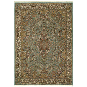 HomeRoots 5' Blue and Gold Medallion Area Rug with Fringe - Timeless Design, Stain-Resistant, Durable Style 7' X 10' 574527
