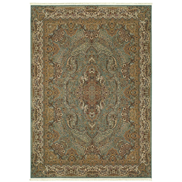 HomeRoots 5' Blue and Gold Medallion Area Rug with Fringe - Timeless Design, Stain-Resistant, Durable Style 8' X 11' 574528
