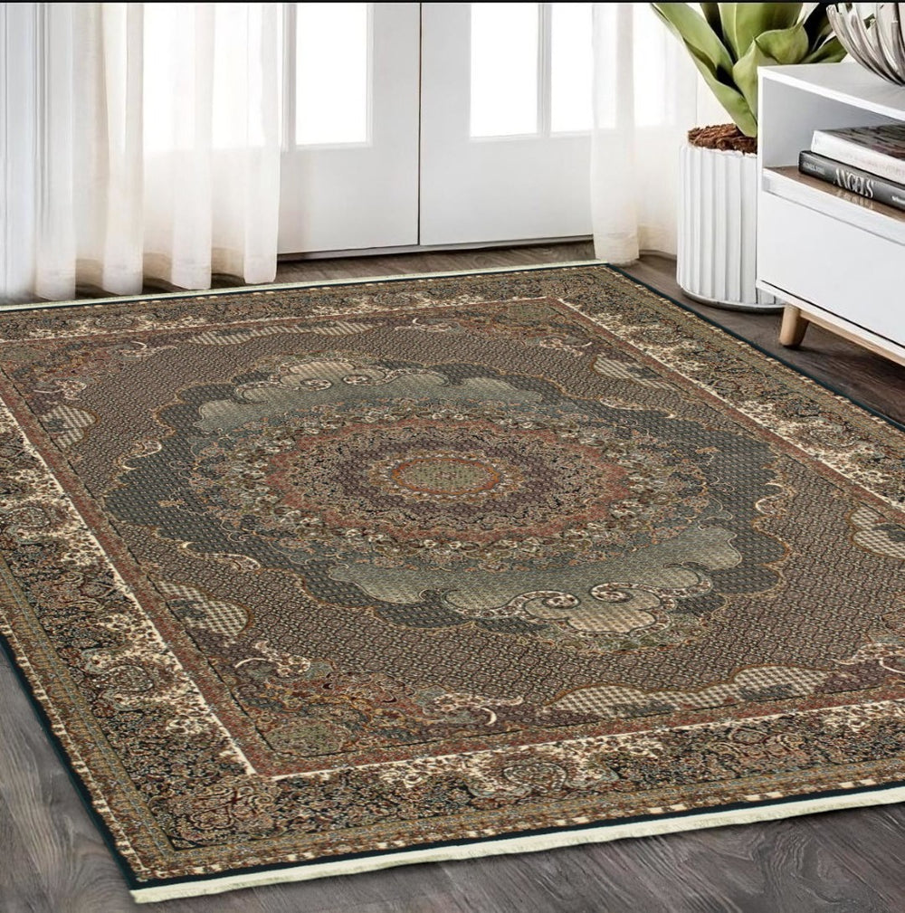 HomeRoots 5' Blue and Red Medallion Area Rug - Classic Elegance with Fringe, Stain-Resistant for High-Traffic Areas 5' X 8' 574529