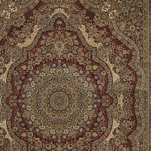 HomeRoots 5' Red and Gold Medallion Area Rug with Fringed Edges - Durable, Stain-Resistant, Timeless Design 5' X 8' 574534