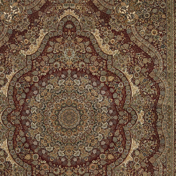 HomeRoots 5' Red and Gold Medallion Area Rug with Fringed Edges - Durable, Stain-Resistant, Timeless Design 5' X 8' 574534