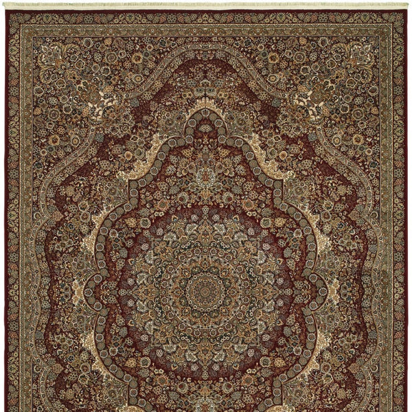 HomeRoots 5' Red and Gold Medallion Area Rug with Fringed Edges - Durable, Stain-Resistant, Timeless Design 5' X 8' 574534