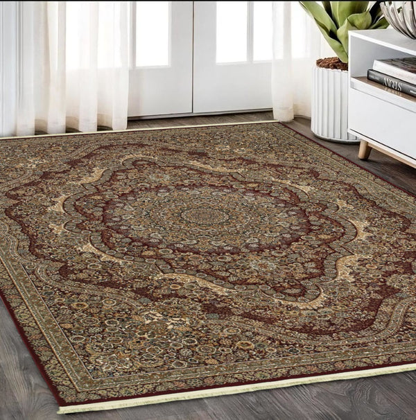 HomeRoots 5' Red and Gold Medallion Area Rug with Fringed Edges - Durable, Stain-Resistant, Timeless Design 5' X 8' 574534