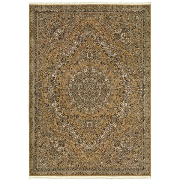 HomeRoots 5' Red and Gold Medallion Area Rug with Fringed Edges - Durable, Stain-Resistant, Timeless Design 10' X 13' 574535