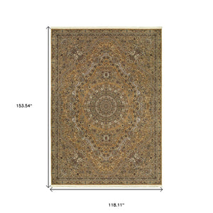 HomeRoots 5' Red and Gold Medallion Area Rug with Fringed Edges - Durable, Stain-Resistant, Timeless Design 10' X 13' 574535