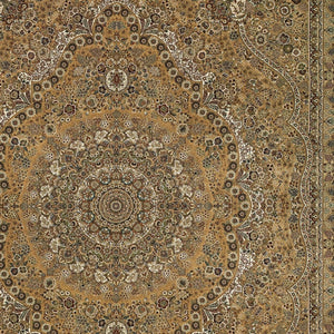 HomeRoots 5' Red and Gold Medallion Area Rug with Fringed Edges - Durable, Stain-Resistant, Timeless Design 10' X 13' 574535