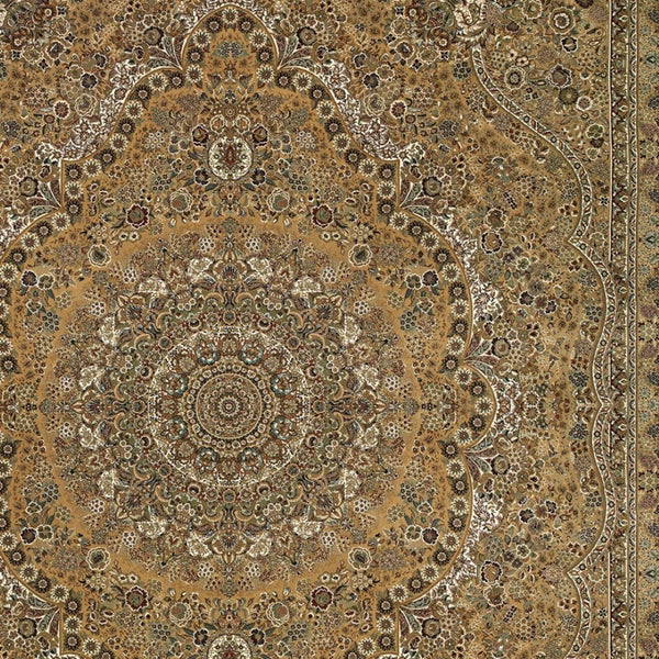 HomeRoots 5' Red and Gold Medallion Area Rug with Fringed Edges - Durable, Stain-Resistant, Timeless Design 10' X 13' 574535