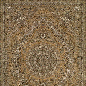 HomeRoots 5' Red and Gold Medallion Area Rug with Fringed Edges - Durable, Stain-Resistant, Timeless Design 10' X 13' 574535