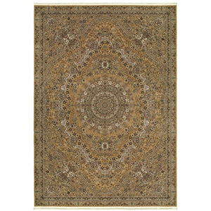 HomeRoots 5' Red and Gold Medallion Area Rug with Fringed Edges - Durable, Stain-Resistant, Timeless Design 4' X 5' 574536
