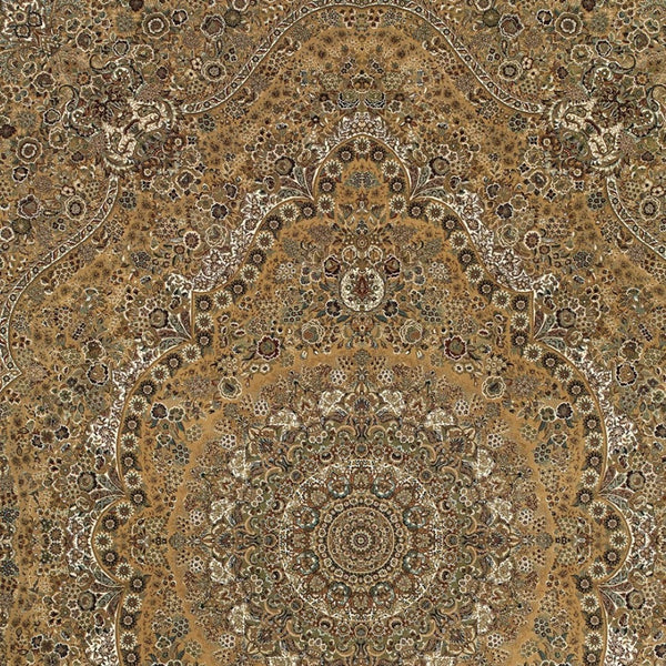 HomeRoots 5' Red and Gold Medallion Area Rug with Fringed Edges - Durable, Stain-Resistant, Timeless Design 4' X 5' 574536
