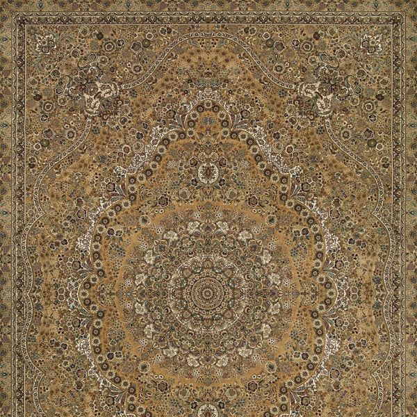 HomeRoots 5' Red and Gold Medallion Area Rug with Fringed Edges - Durable, Stain-Resistant, Timeless Design 4' X 5' 574536