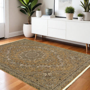 HomeRoots 5' Red and Gold Medallion Area Rug with Fringed Edges - Durable, Stain-Resistant, Timeless Design 4' X 5' 574536
